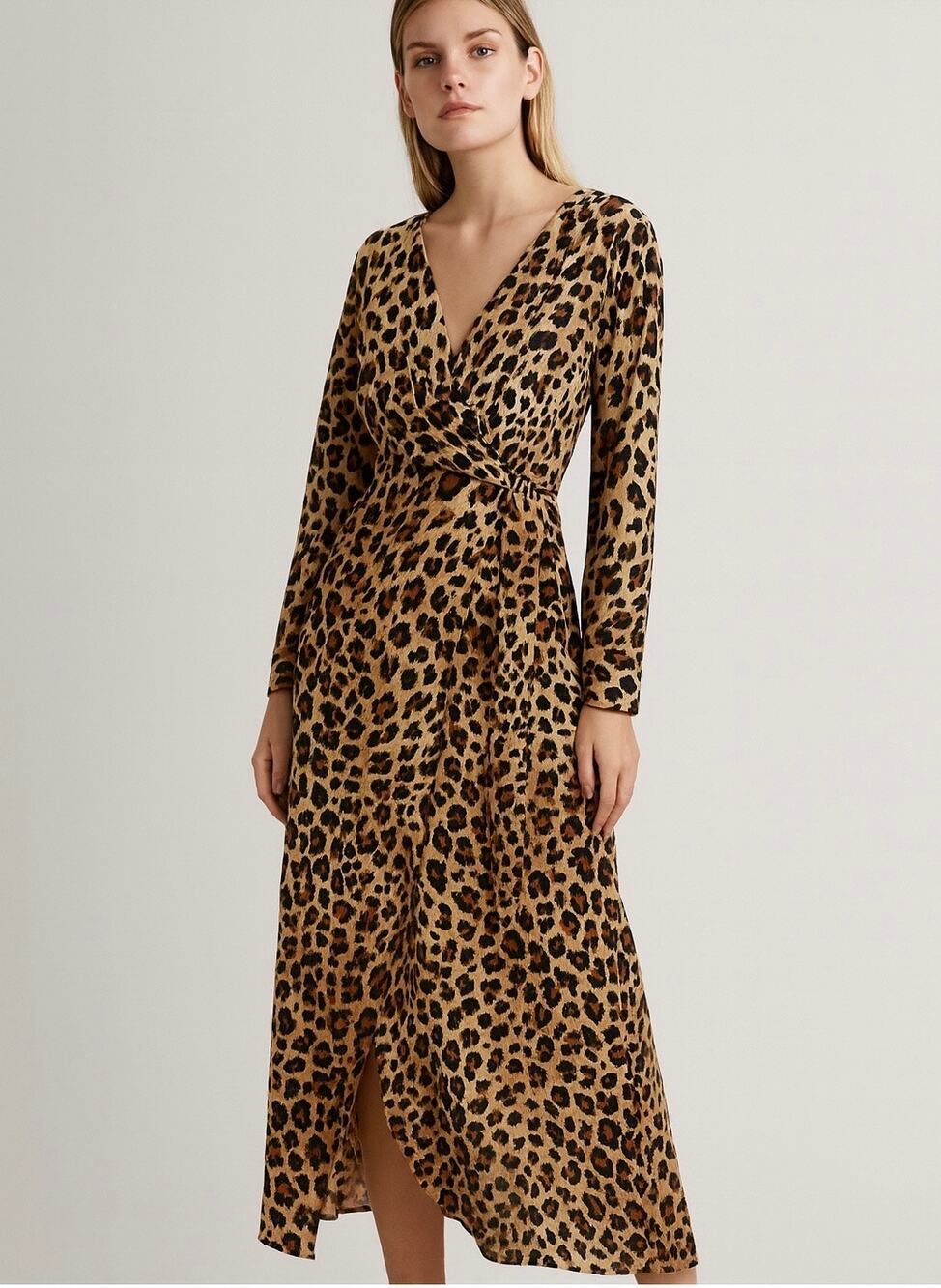 Zara Womens Leopard Midi Dress Size M Faux Wrap V-neck Long Sleeve Glam Fashion